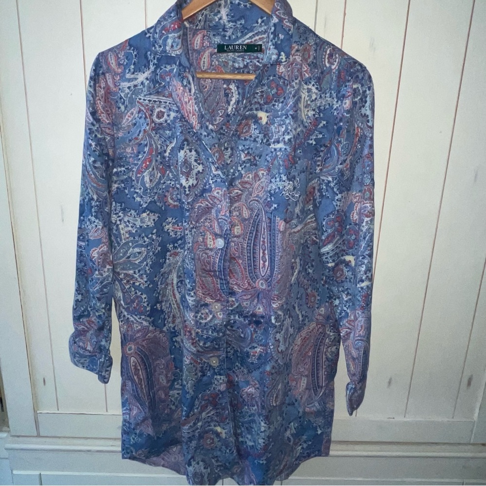 LRL Ralph Lauren Paisley Blue Cotton Shirt Top Button Up Womens Medium Monogram